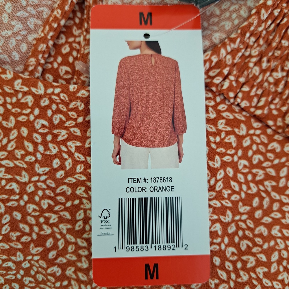 Adrianna Papell Blouse Womens M Orange NWT Smocked Leaf Print 906-191-B11